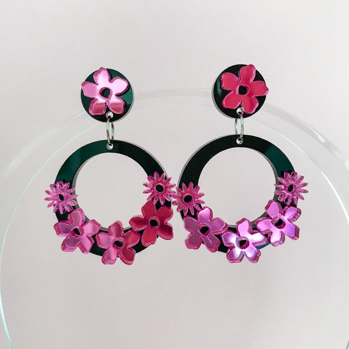 Statement Round Floral Dangles - Pink and Black Acrylic Earrings - Lacey Lou Sparkles