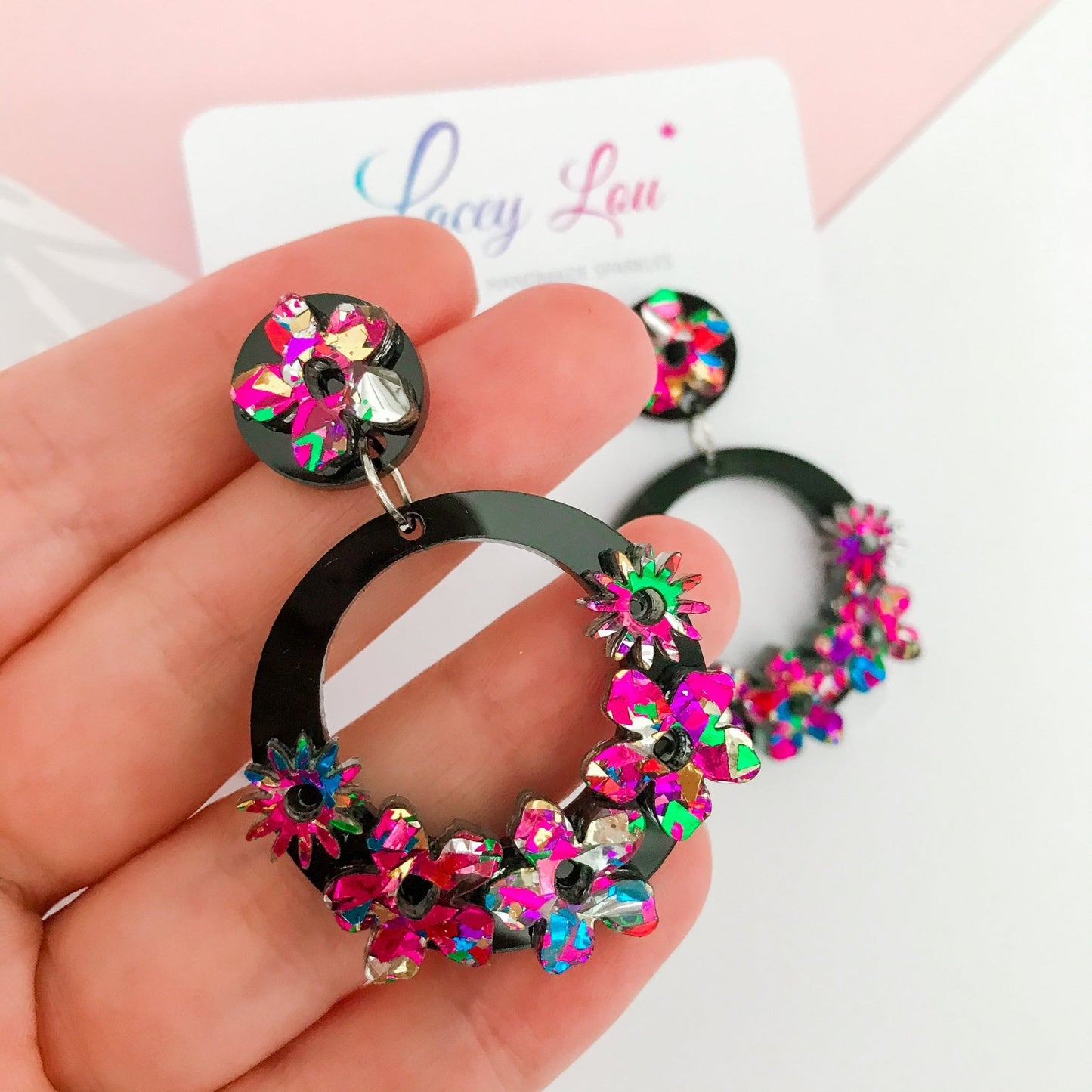 Statement Round Floral Dangles - Rainbow and Black Acrylic Earrings - Lacey Lou Sparkles