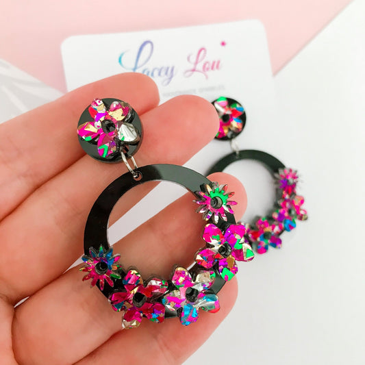 Statement Round Floral Dangles - Rainbow and Black Acrylic Earrings - Lacey Lou Sparkles