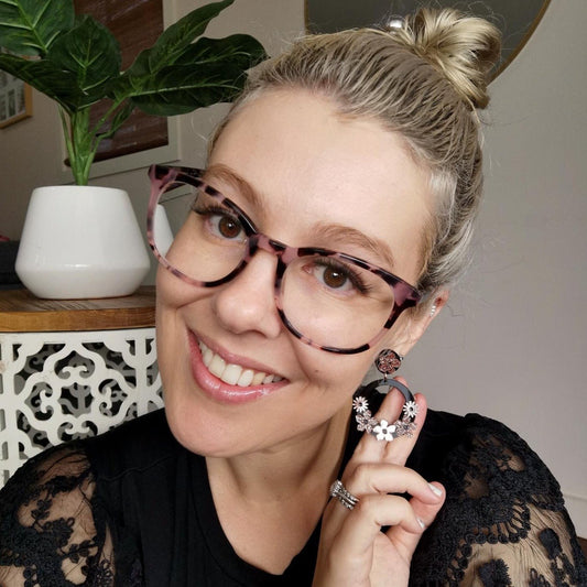 Statement Round Floral Dangles - Rose Gold and Black Acrylic Earrings - Lacey Lou Sparkles