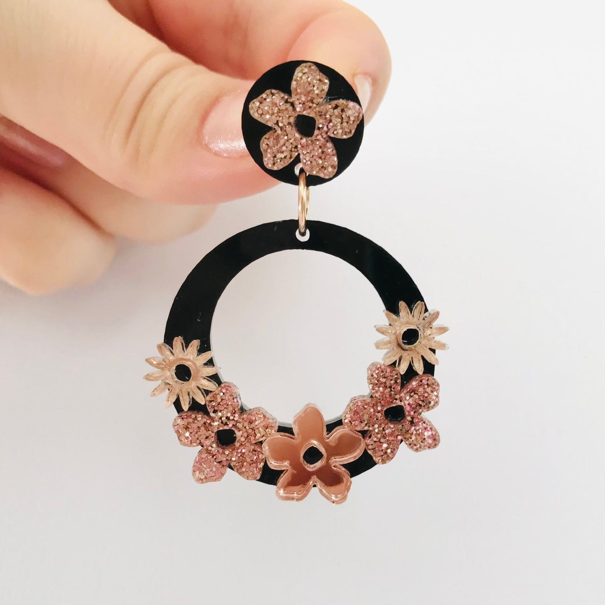 Statement Round Floral Dangles - Rose Gold and Black Acrylic Earrings - Lacey Lou Sparkles