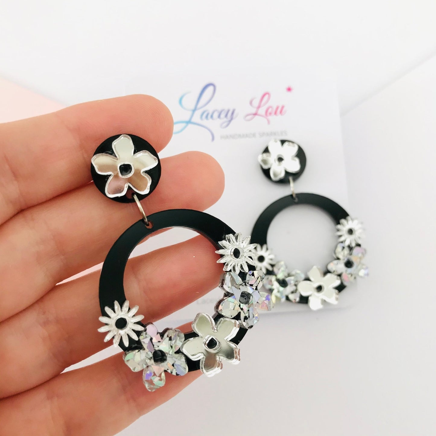 Statement Round Floral Dangles - Silver and Black Acrylic Earrings - Lacey Lou Sparkles