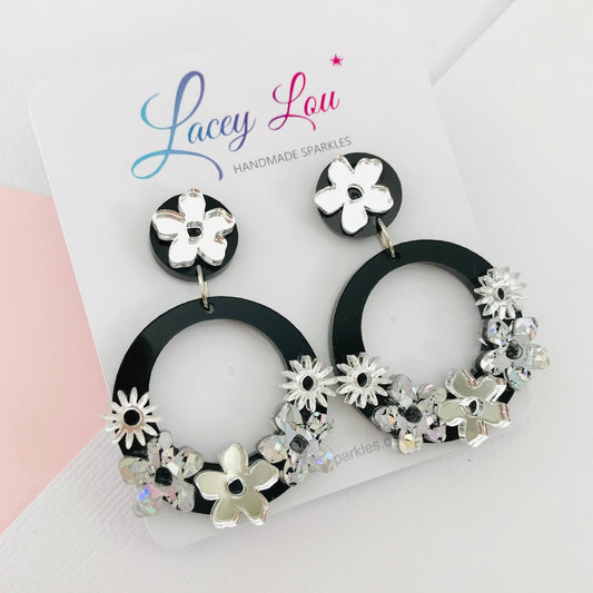 Statement Round Floral Dangles - Silver and Black Acrylic Earrings - Lacey Lou Sparkles