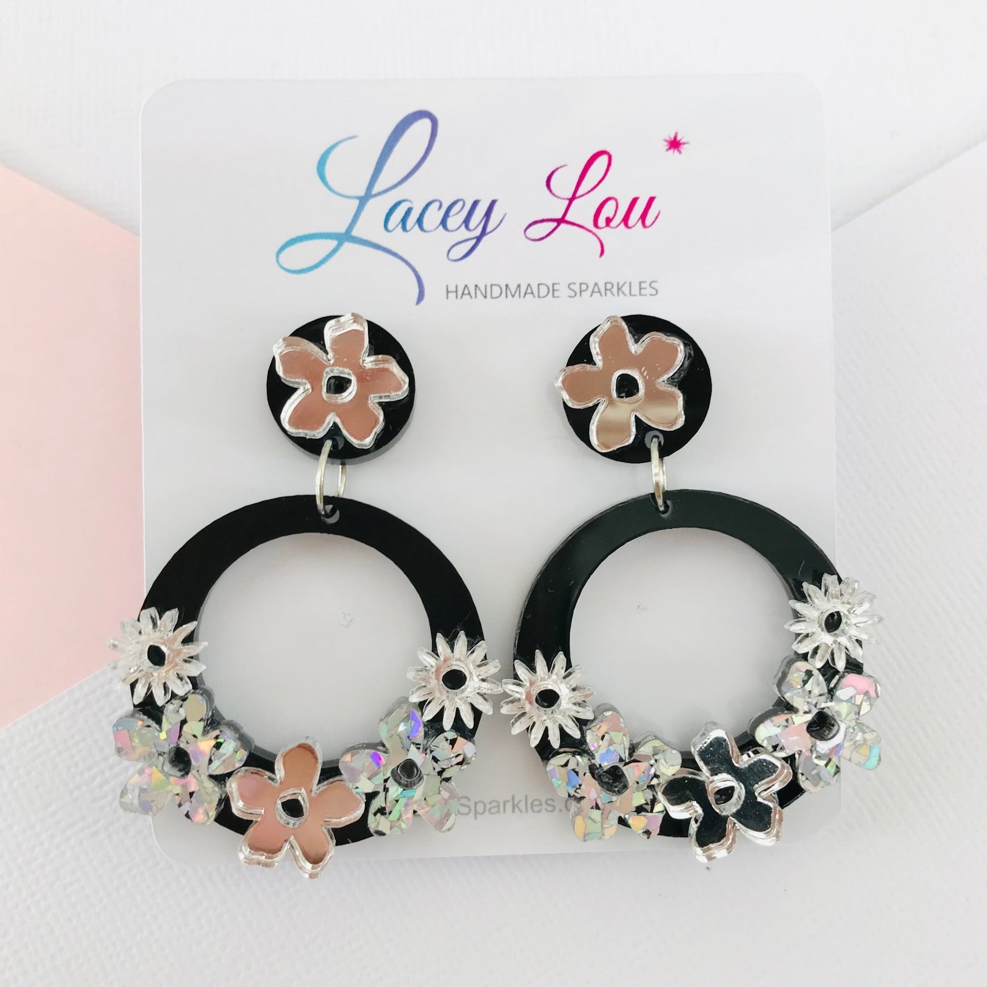 Statement Round Floral Dangles - Silver and Black Acrylic Earrings - Lacey Lou Sparkles