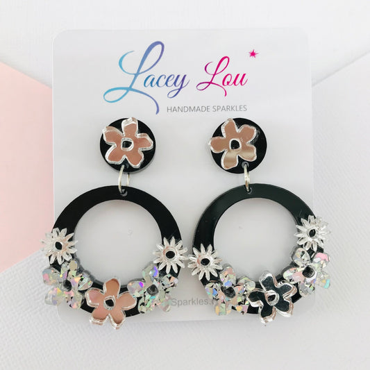 Statement Round Floral Dangles - Silver and Black Acrylic Earrings - Lacey Lou Sparkles