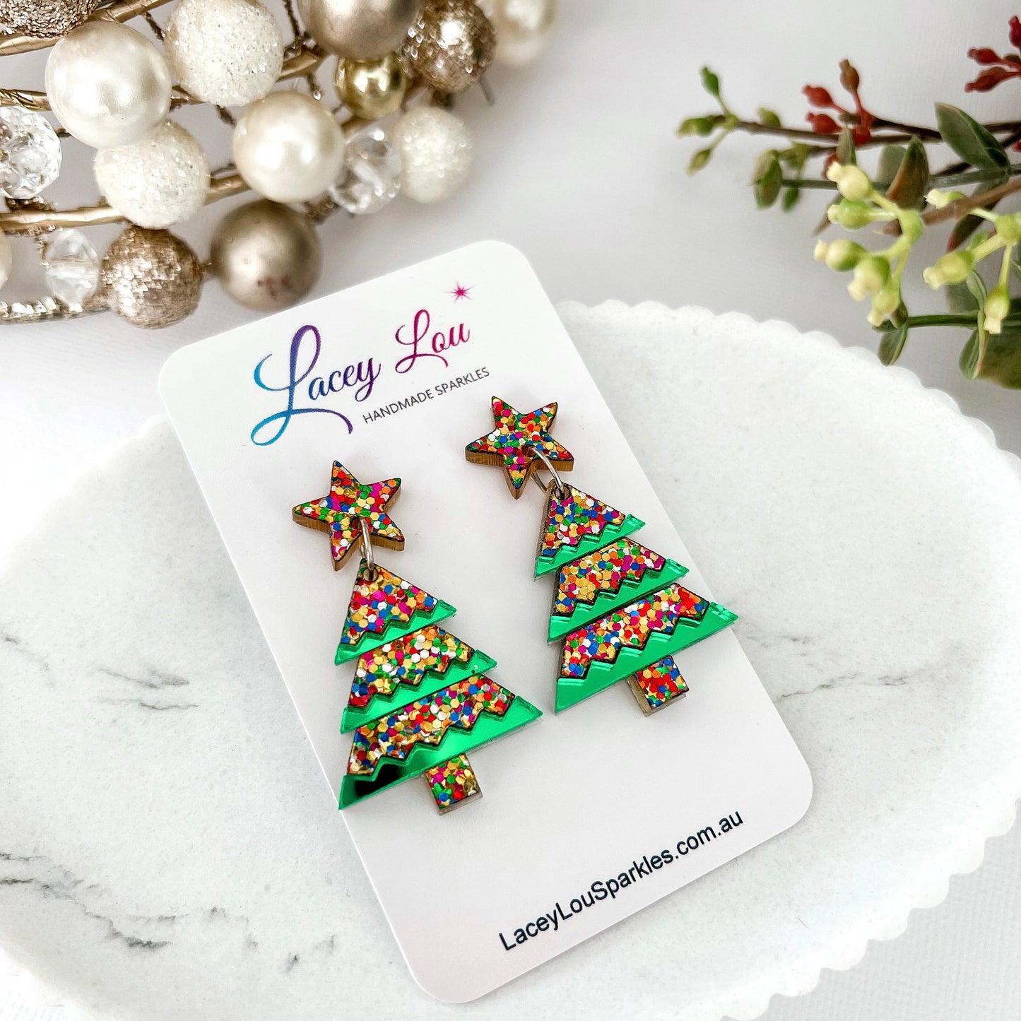Tiered Confetti Glitter Christmas Tree Dangle Earrings - Lacey Lou Sparkles