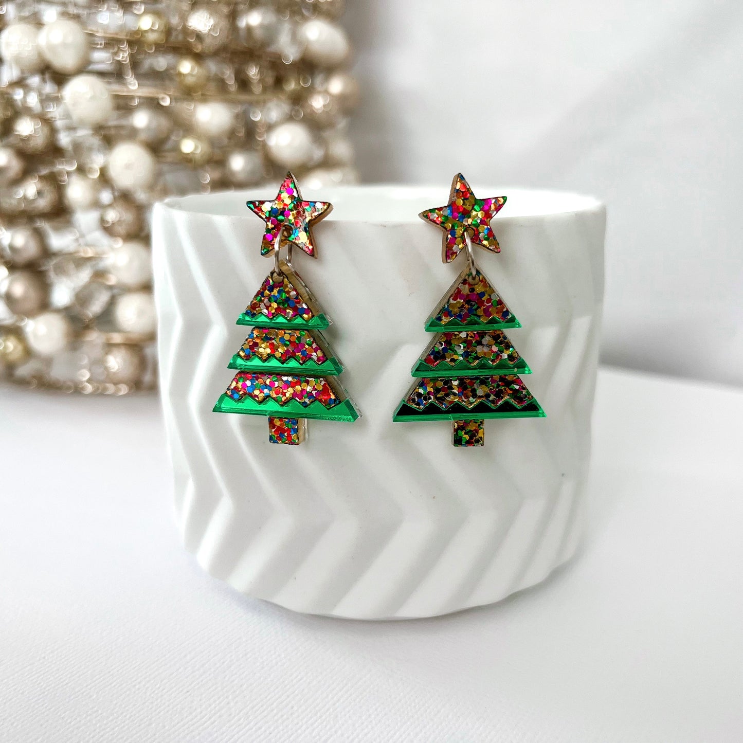 Tiered Confetti Glitter Christmas Tree Dangle Earrings - Lacey Lou Sparkles