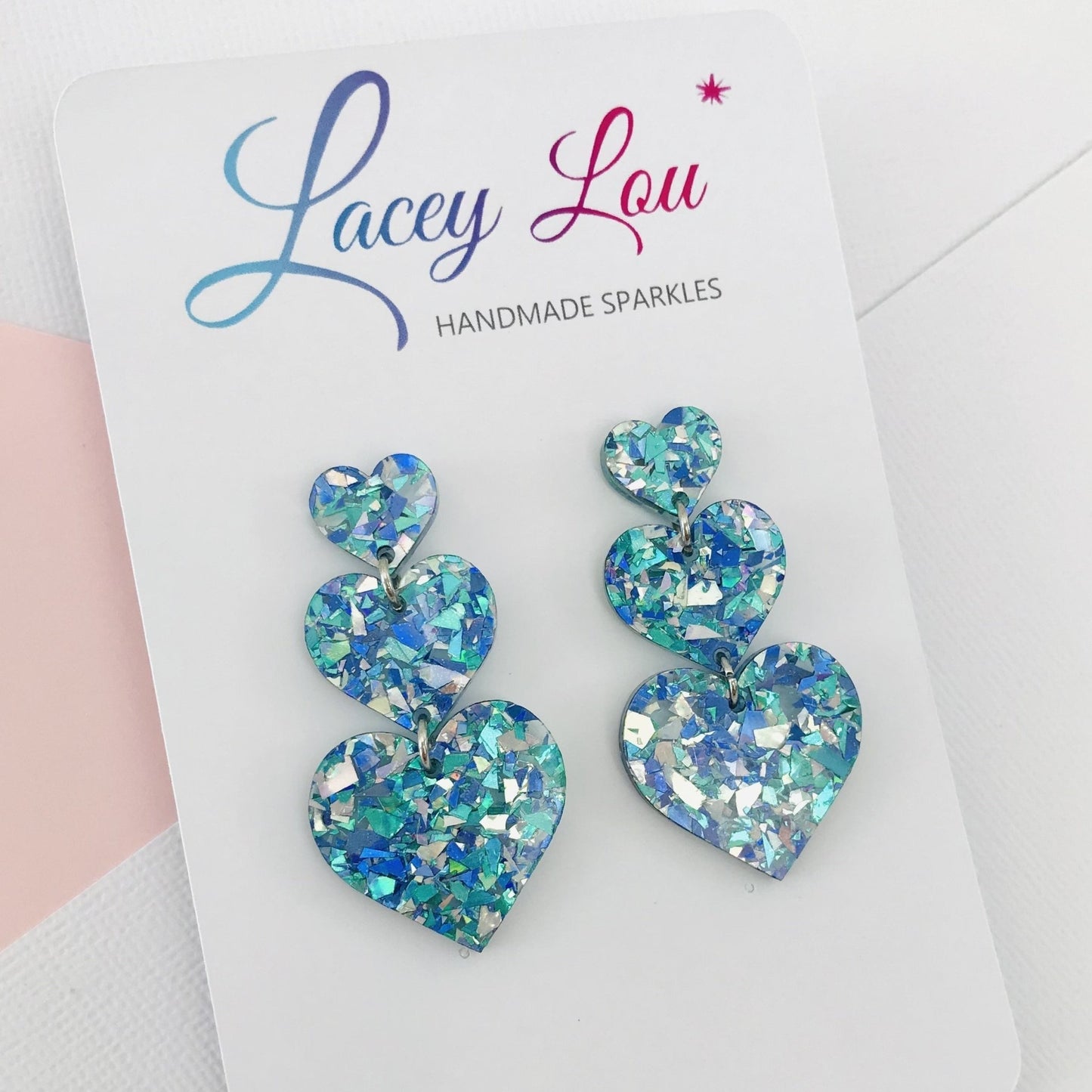 Triple Stacked Love Heart Dangles - Ice Blue Glitter - Lacey Lou Sparkles