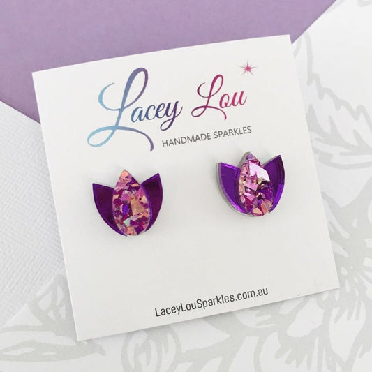 Tulip Acrylic Earrings - Unicorn Pink and Purple Tulip Studs - Lacey Lou Sparkles