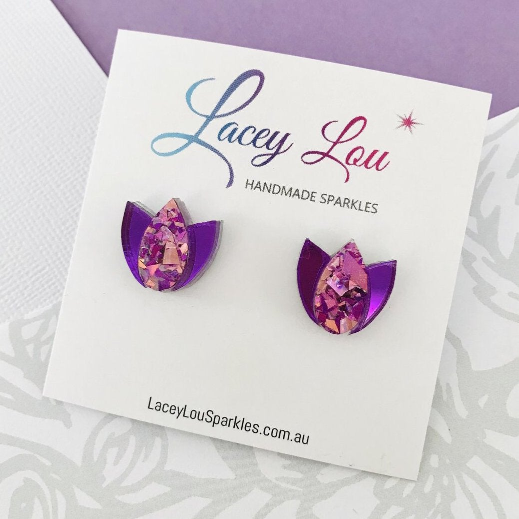 Tulip Acrylic Earrings - Unicorn Pink and Purple Tulip Studs - Lacey Lou Sparkles