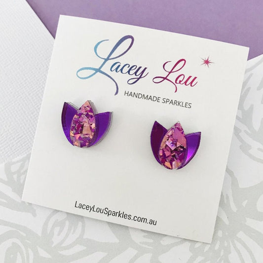 Tulip Acrylic Earrings - Unicorn Pink and Purple Tulip Studs - Lacey Lou Sparkles