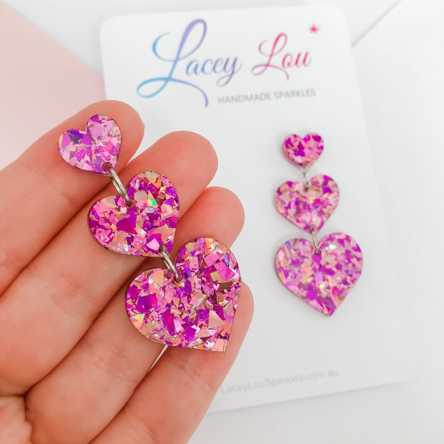 Unicorn Pink Heart Dangles - Pink Acrylic Earrings - Lacey Lou Sparkles