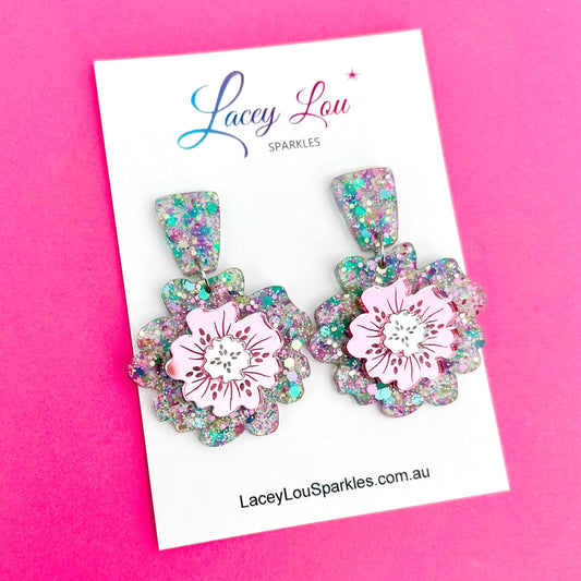 Spring Bling Statement Flower Earrings - Pastel