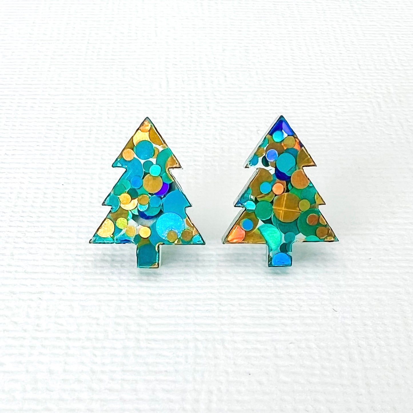 Christmas Tree Stud Earrings - Aqua & gold glitter