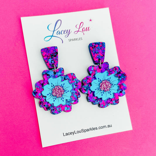 Spring Bling Statement Flower Earrings - Midnight Blue