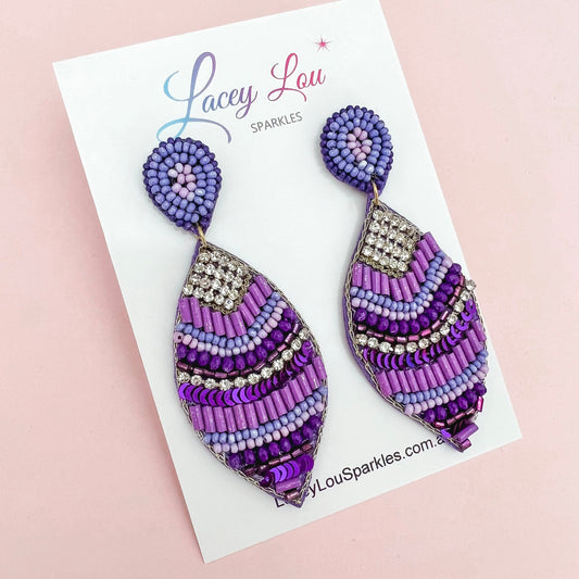 Long Purple Beaded Leaf Statement Earrings