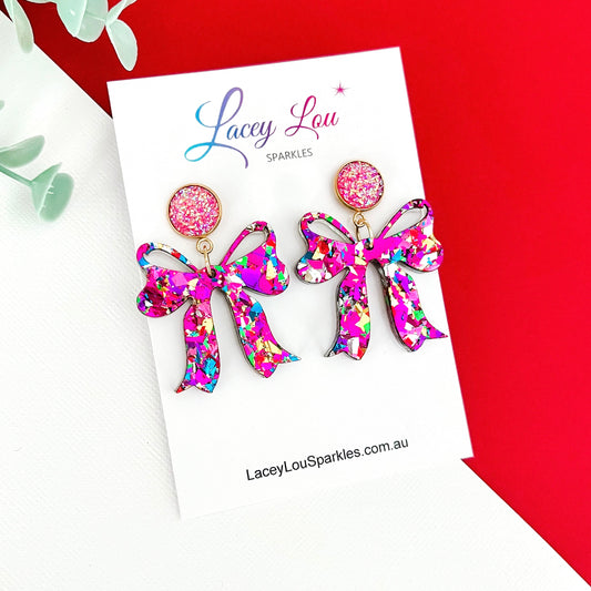 Elegant Rainbow Bow Christmas Hoop Earrings