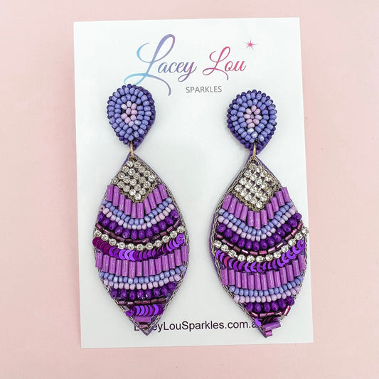 Long Purple Beaded Leaf Statement Earrings
