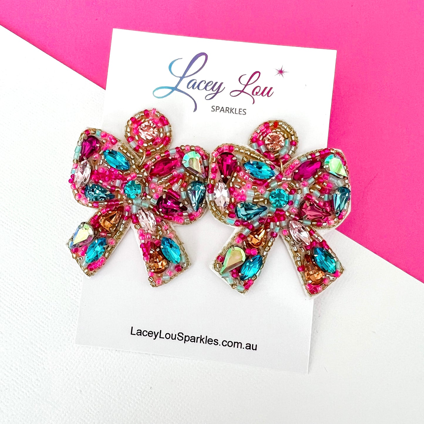 Large Pink Beaded Rhinestone Bow Christmas Earrings