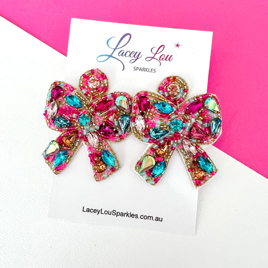 Large Pink Beaded Rhinestone Bow Christmas Earrings