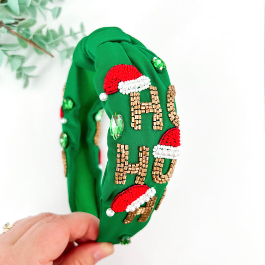 *CLEARANCE* Beaded Green Ho Ho Ho Christmas Headband