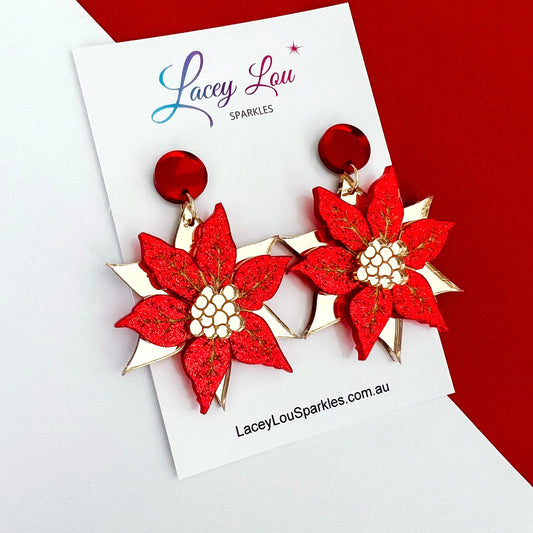 Statement Poinsettia Christmas Dangle Earrings - Red/Gold