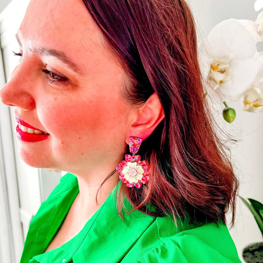 Spring Bling Statement Flower Earrings - Midnight Blue