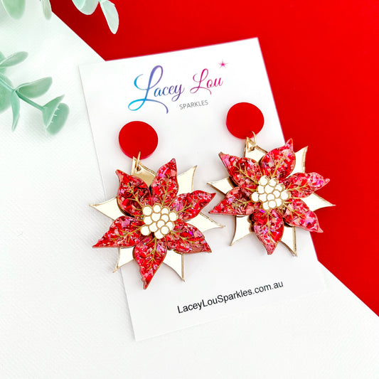 Statement Poinsettia Christmas Dangle Earrings - Rose/Gold