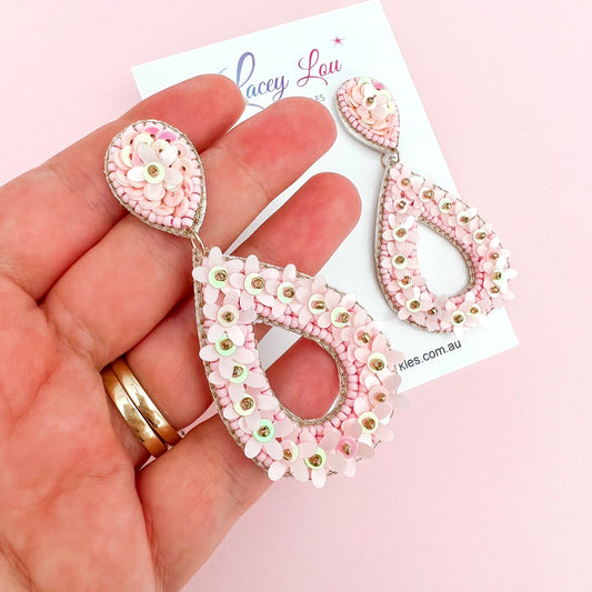 Soft Pink Open Teardrop Beaded Flower Dangle Earrings