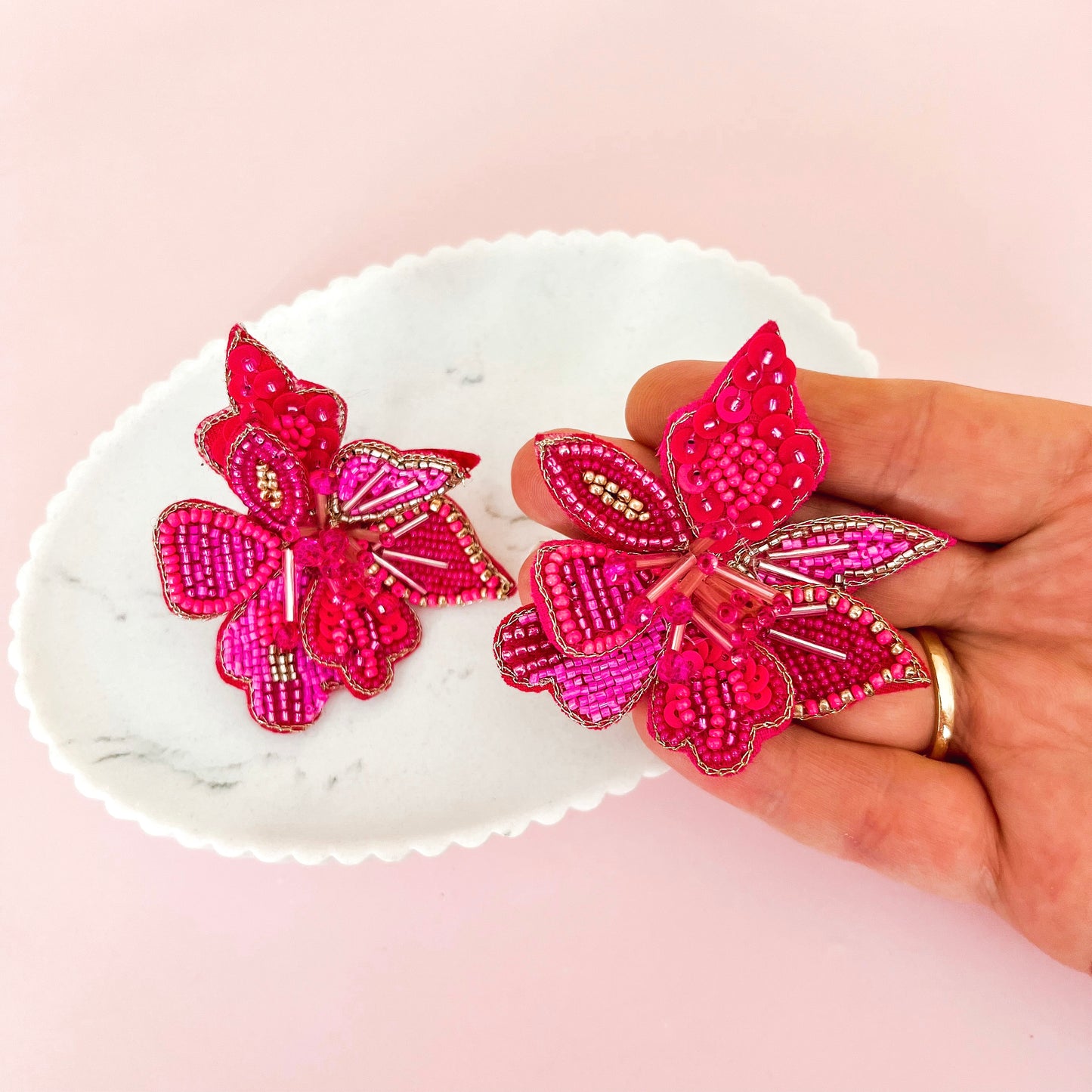 Large Fuchsia Beaded Flower Earrings