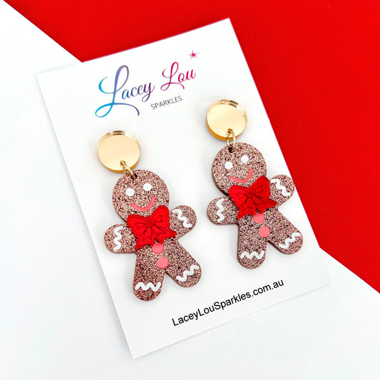 Large Gingerbread Man Christmas Dangle Earrings - Red