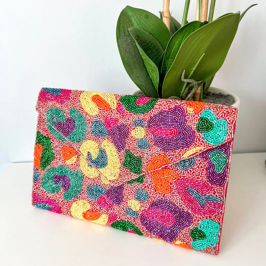 Luxe Multicoloured Leopard Beaded Clutch Bag