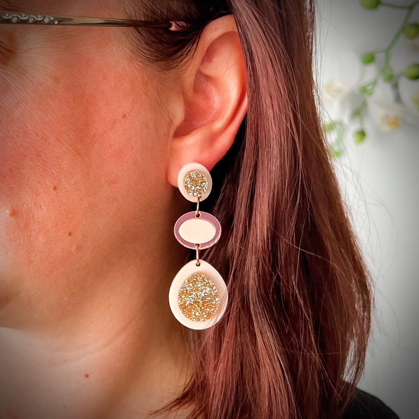 Stacked Beige and Gold Acrylic Dangle Earring