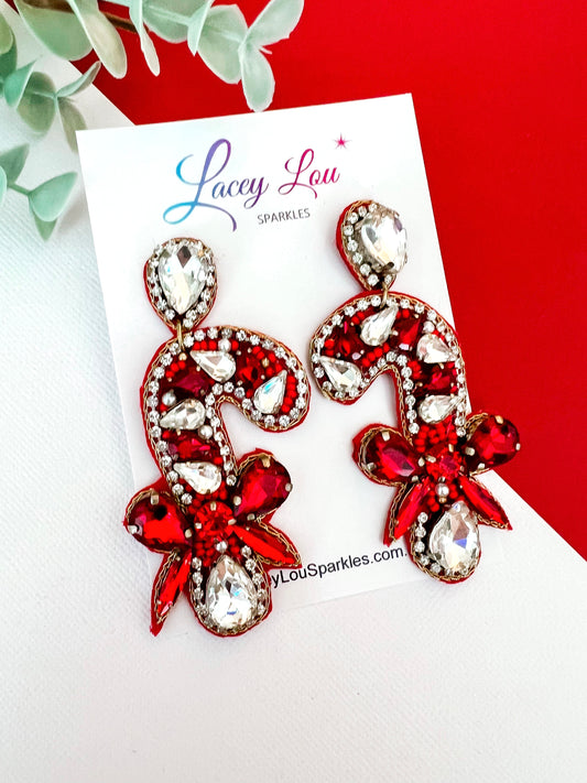 *CLEARANCE* Rhinestone Candy Cane Christmas Earrings