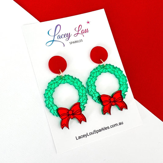 Christmas Wreath Earrings - Green/Red