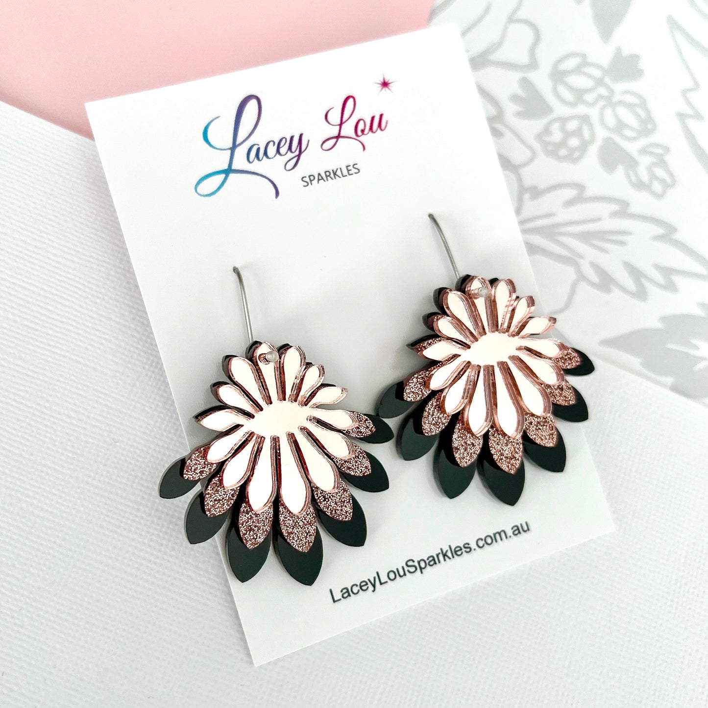 Large Flower Frill Statement Earrings - Black | Bronze | Rose Gold Acrylic Dangle