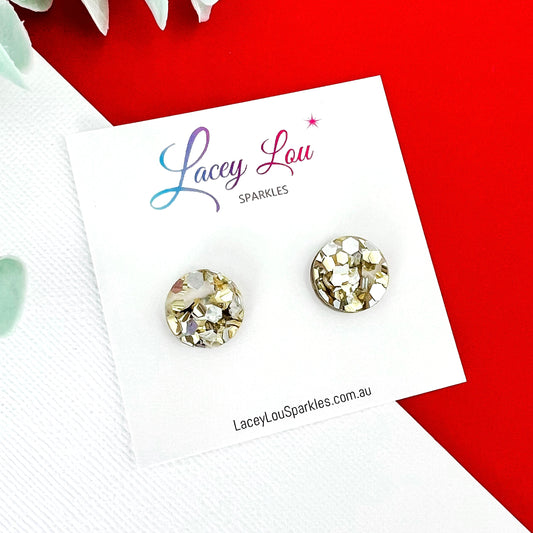 Small Round Acrylic Christmas Studs (15mm) - Gold & Silver Glitter