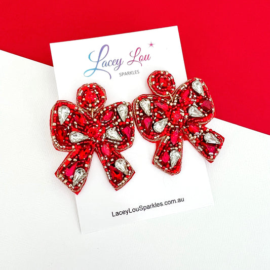 Large Red Beaded Rhinestone Bow Christmas Earrings