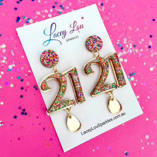 21st Birthday Statement Acrylic Earrings - Gold / Confetti