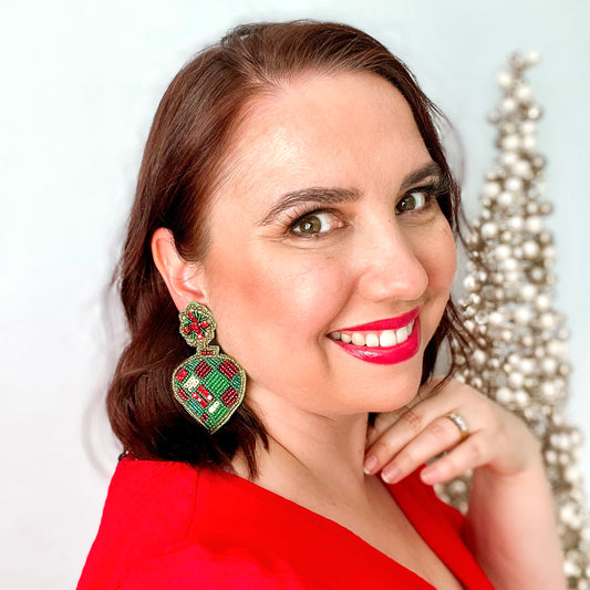 Beaded Green & Red Bauble Christmas Earrings