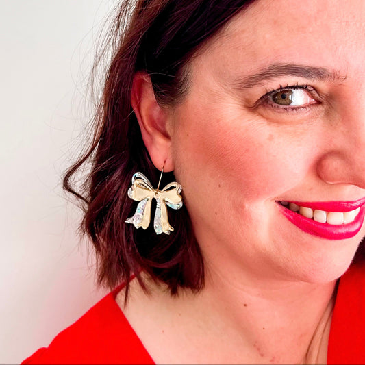Elegant Gold/Silver Double Bow Christmas Hoop Earrings