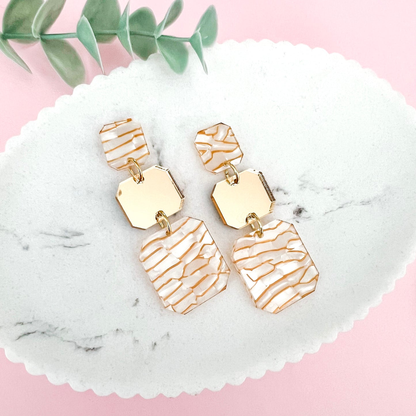 White and Gold Tiger Statement Acrylic Dangle Earring