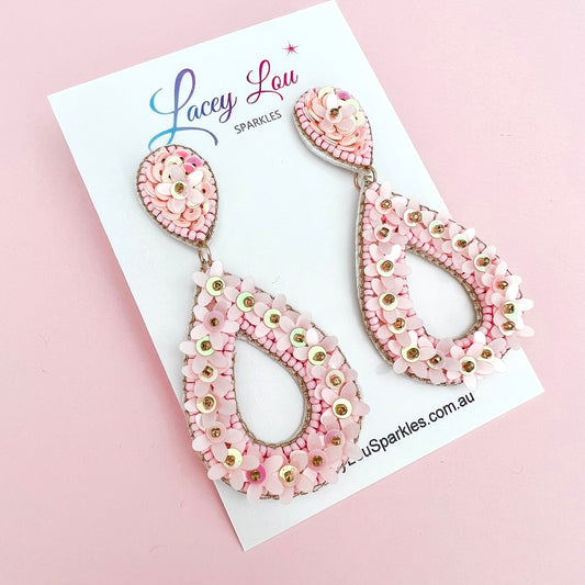 Soft Pink Open Teardrop Beaded Flower Dangle Earrings