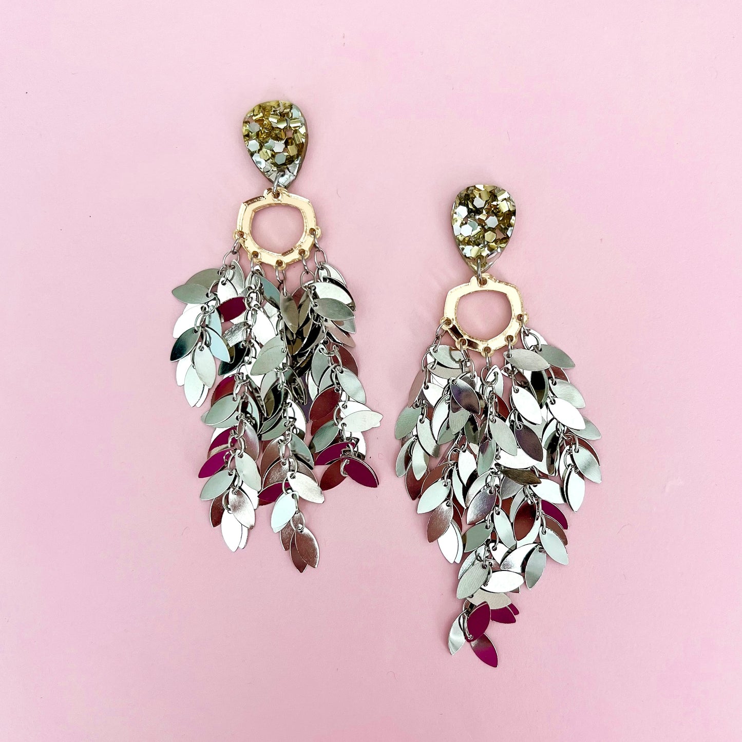 Silver Sequin Fever Statement Dangles