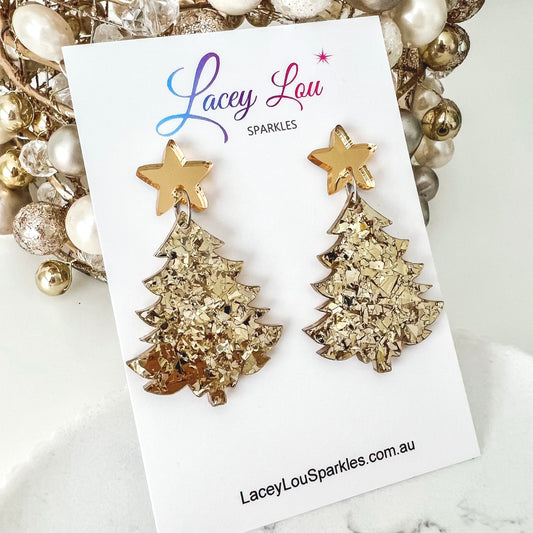 Large Christmas Tree Dangle Earrings - Gold Chunky Glitter