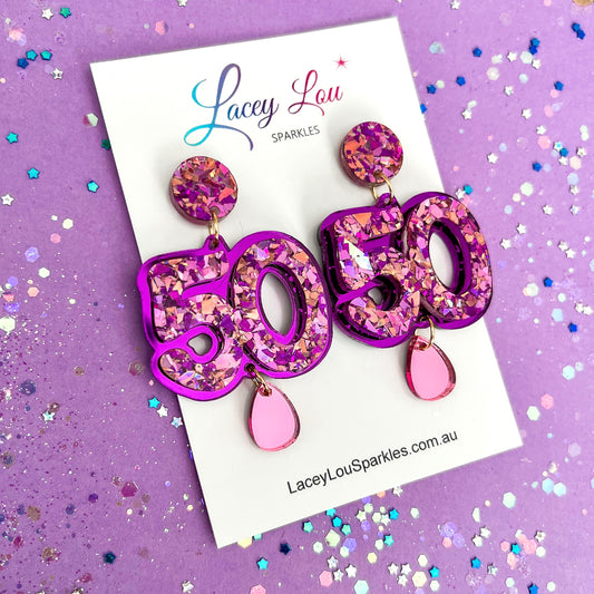 50th Birthday Statement Acrylic Earrings - Purple