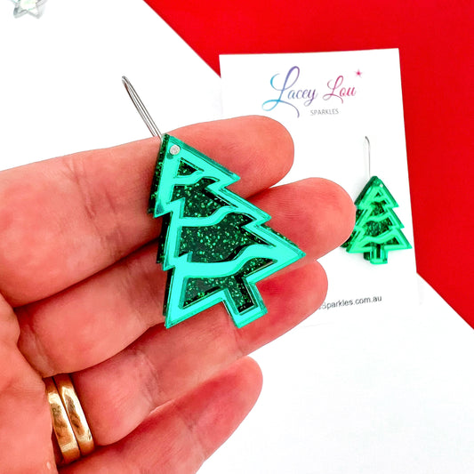 Layered Green Christmas Tree Earrings