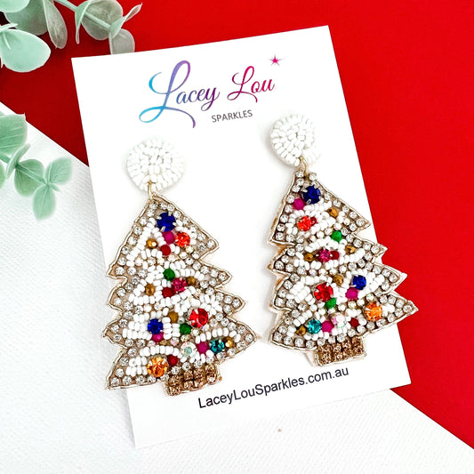 White Beaded Christmas Tree Earrings