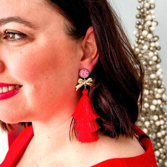 Extra Large Red Christmas Tassel Earrings