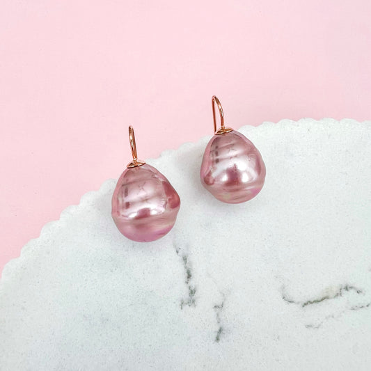 Large Spanish Pearl Earrings - Mauve / Rose Gold